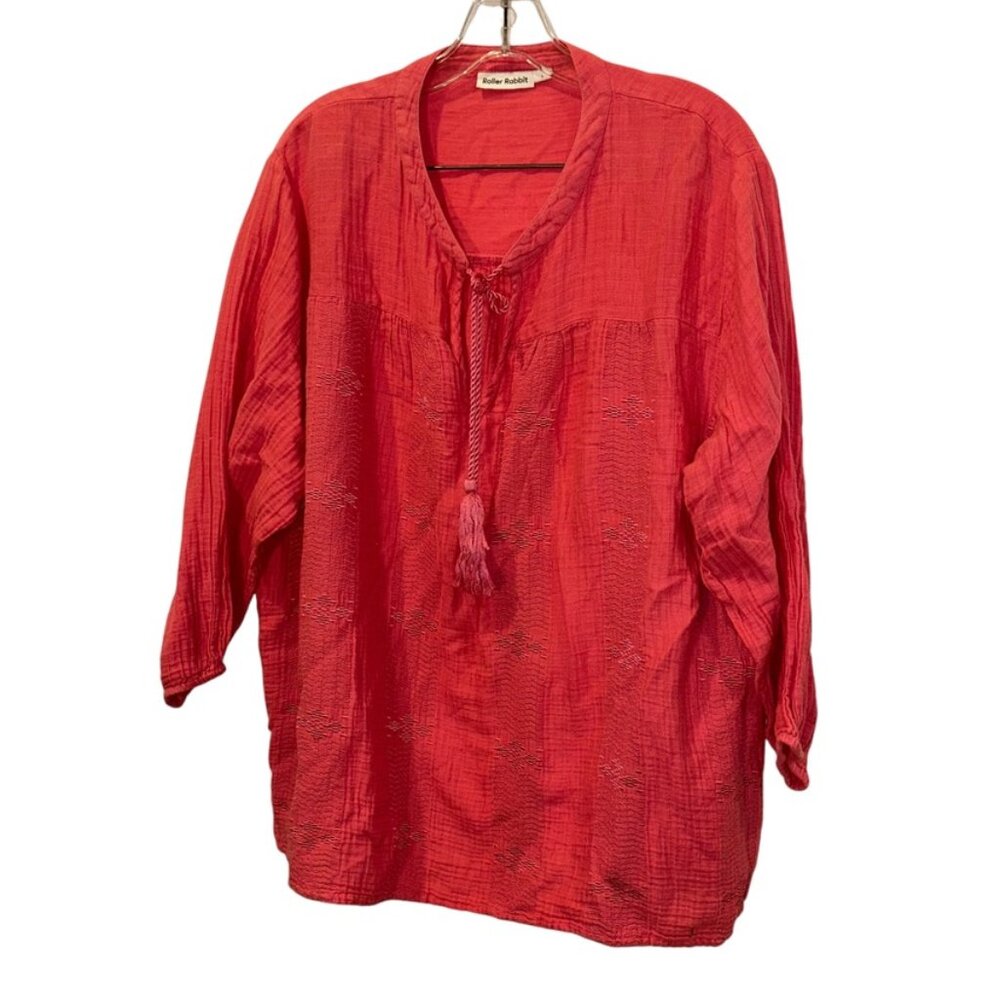 Roberta Roller Rabbit hot pink embroidered ikat tassel tie tunic top L